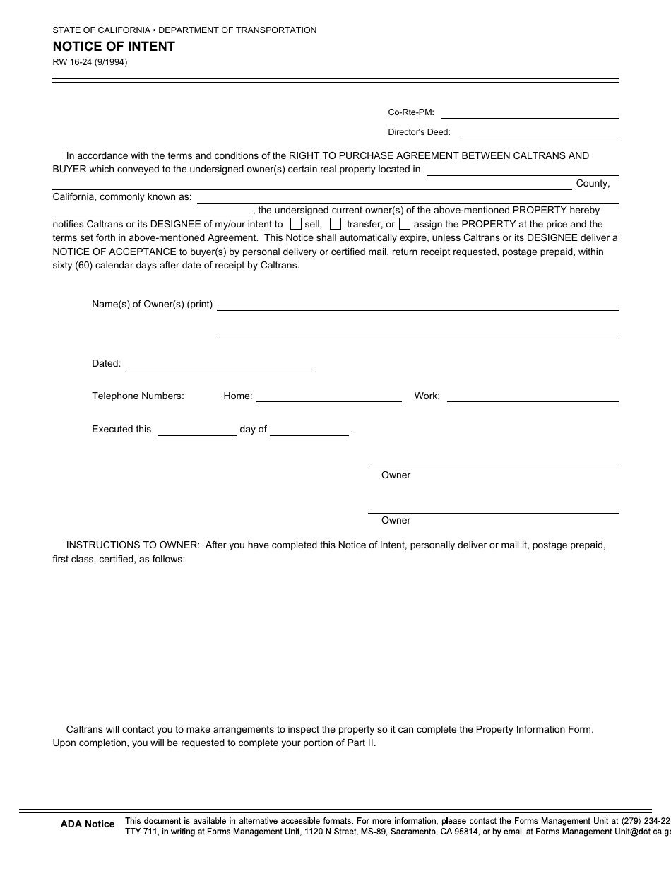 Form RW16-24 Notice of Intent - California, Page 1