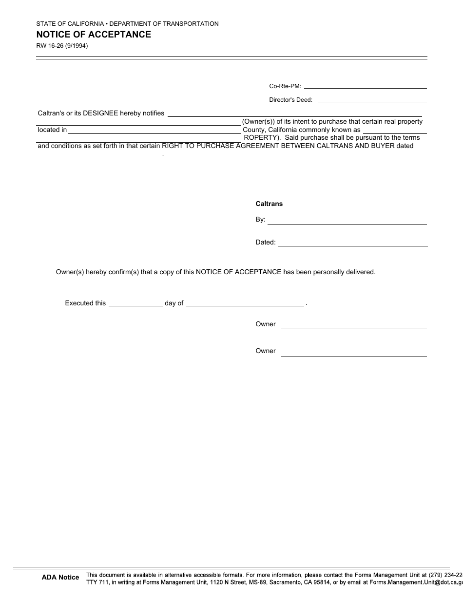 Form RW16-26 Notice of Acceptance - California, Page 1