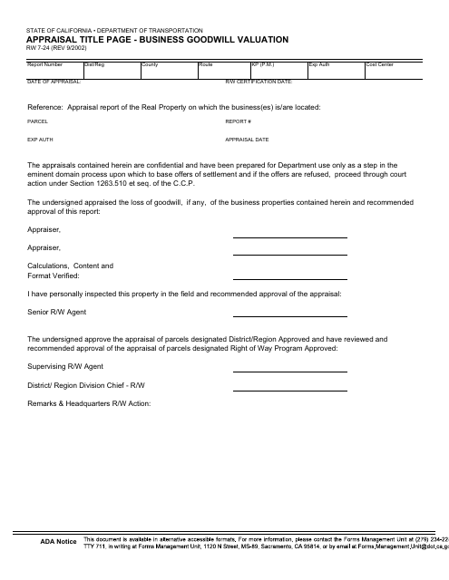 Form RW7-24 Appraisal Title Page - Business Goodwill Valuation - California