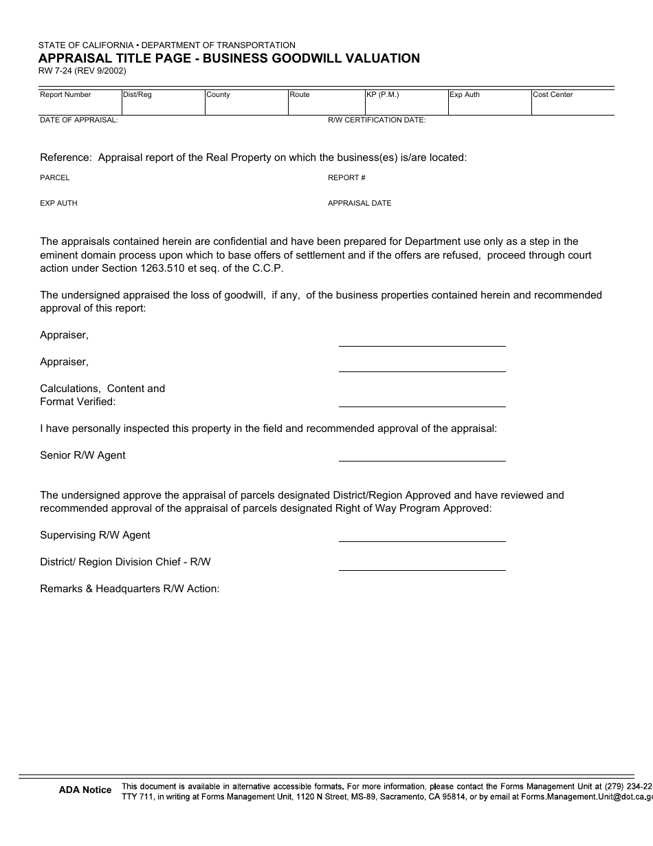 Form RW7-24 Appraisal Title Page - Business Goodwill Valuation - California, Page 1