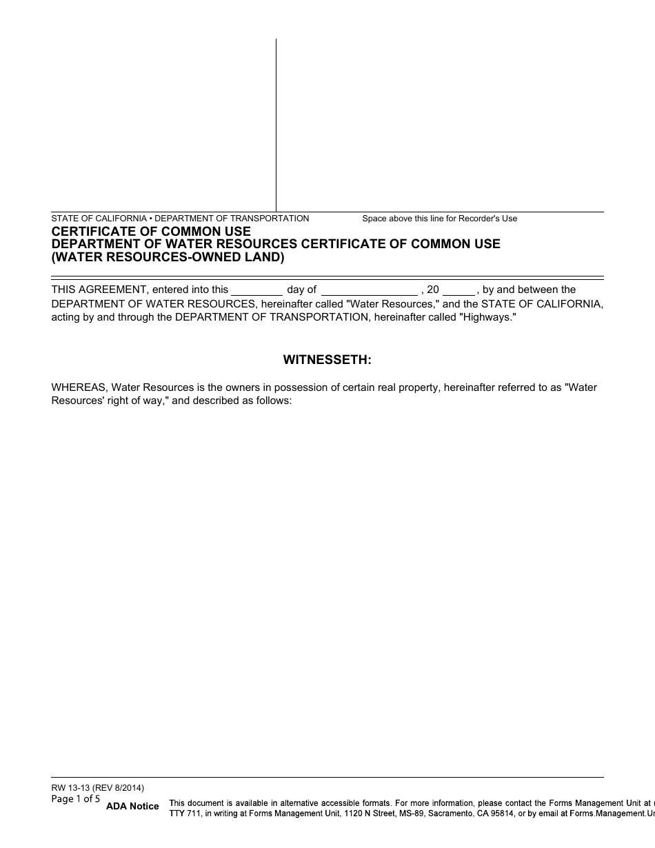 Form RW13-13 Certificate of Common Use Department of Water Resources Certificate of Common Use (Water Resources-Owned Land) - California, Page 1