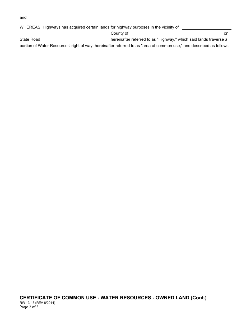 Form RW13-13 Certificate of Common Use Department of Water Resources Certificate of Common Use (Water Resources-Owned Land) - California, Page 2