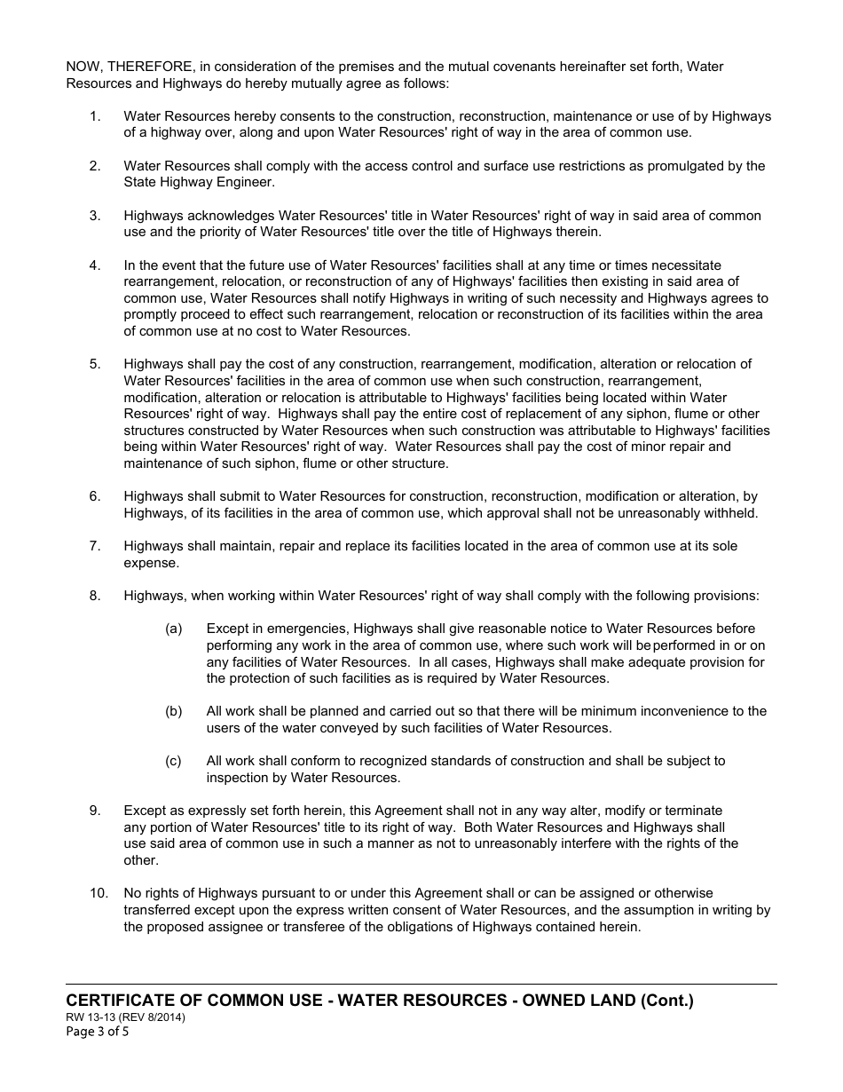 Form RW13-13 Certificate of Common Use Department of Water Resources Certificate of Common Use (Water Resources-Owned Land) - California, Page 3