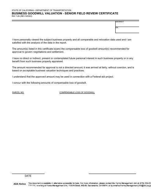 Form RW7-26 Business Goodwill Valuation - Senior Field Review Certificate - California