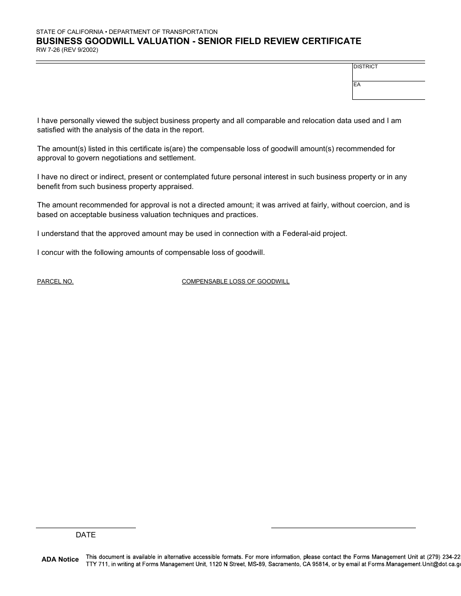 Form RW7-26 Business Goodwill Valuation - Senior Field Review Certificate - California, Page 1