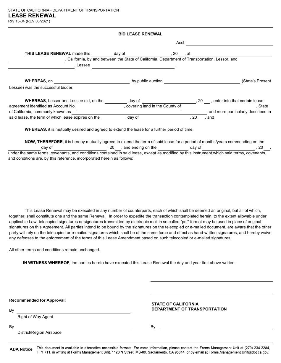 Form RW15-04 Lease Renewal - California, Page 1