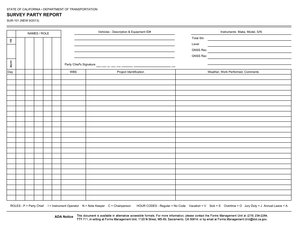 Form SUR-101 Survey Party Report - California, Page 1