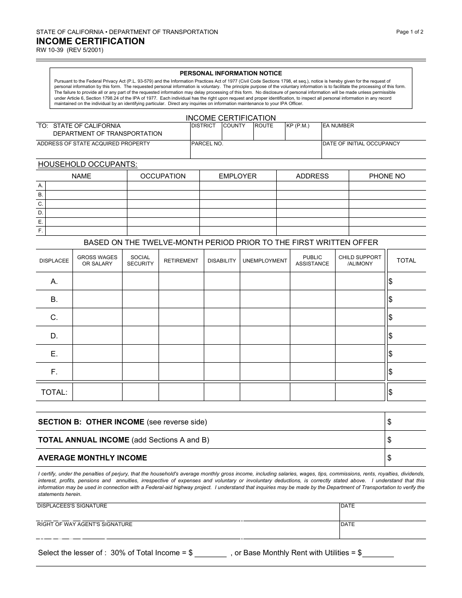 Form RW10-39 Income Certification - California, Page 1