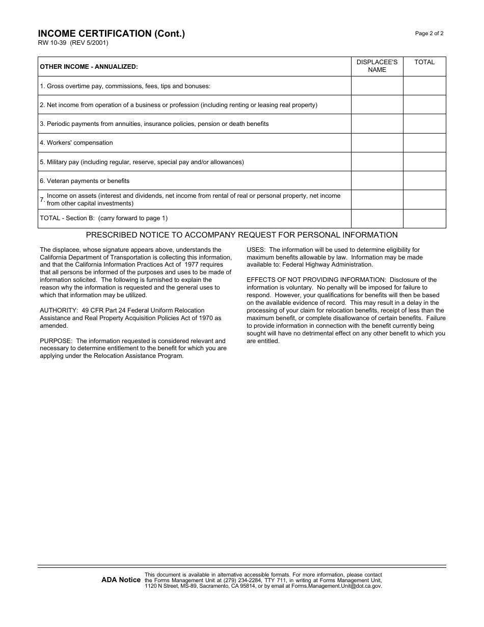 Form RW10-39 Income Certification - California, Page 2