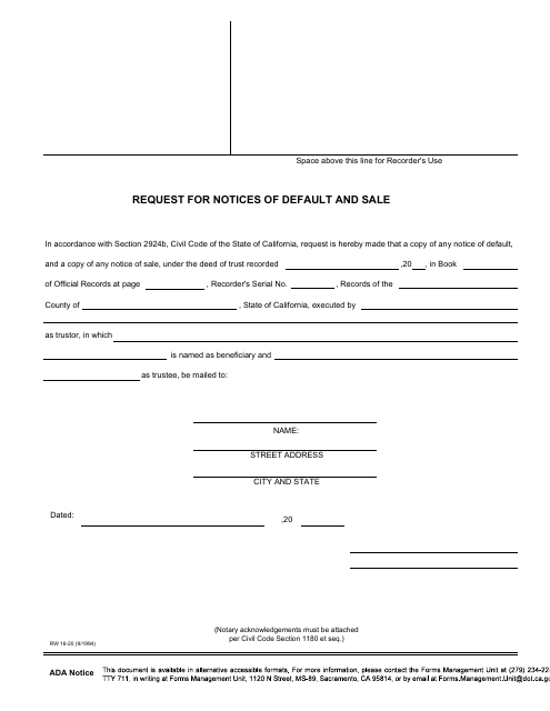 Form RW16-20 Request for Notices of Default and Sale - California