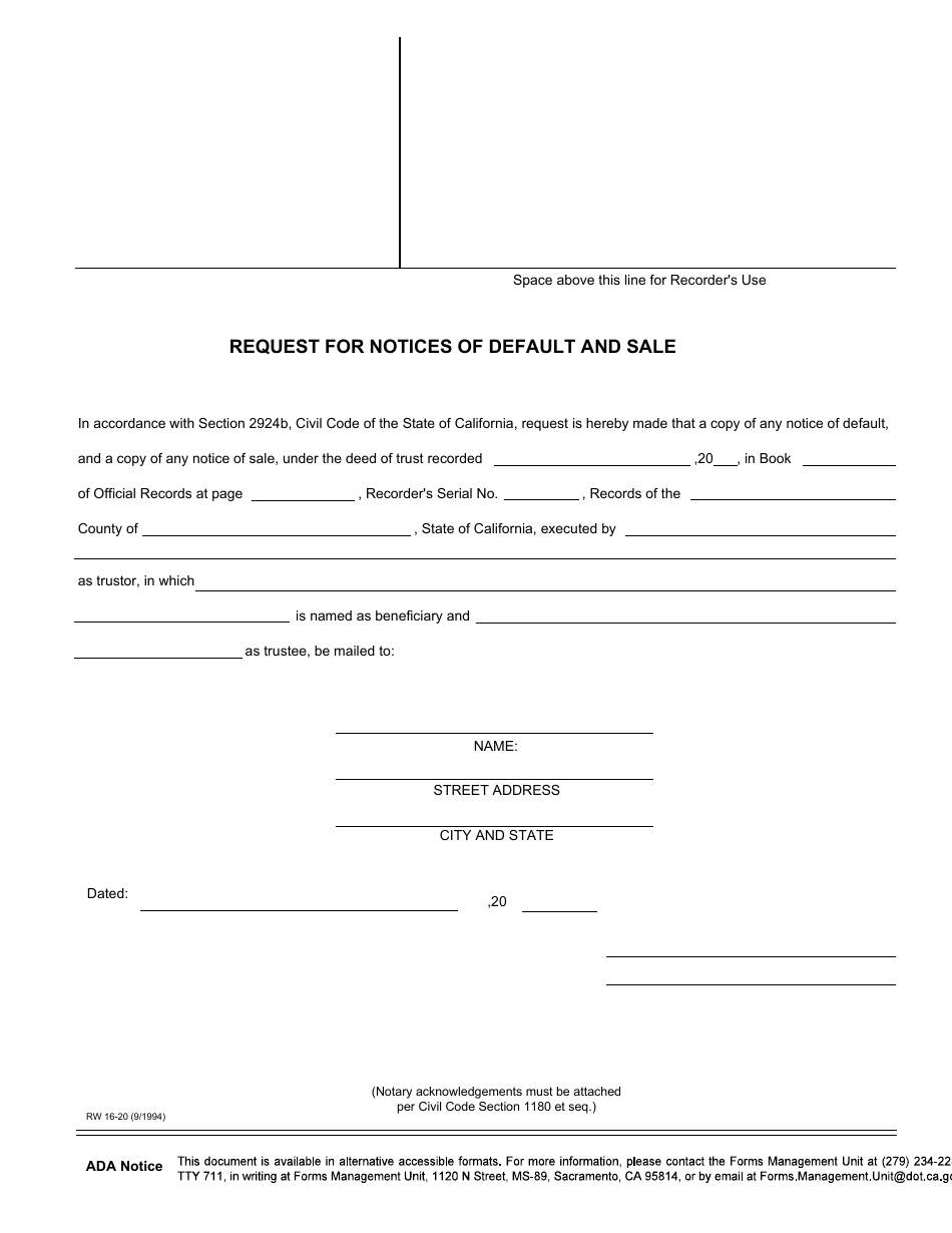 Form RW16-20 Request for Notices of Default and Sale - California, Page 1