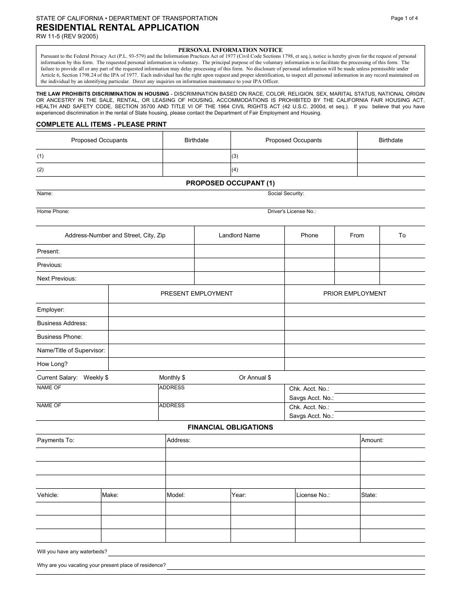 Form RW11-5 Residential Rental Application - California, Page 1
