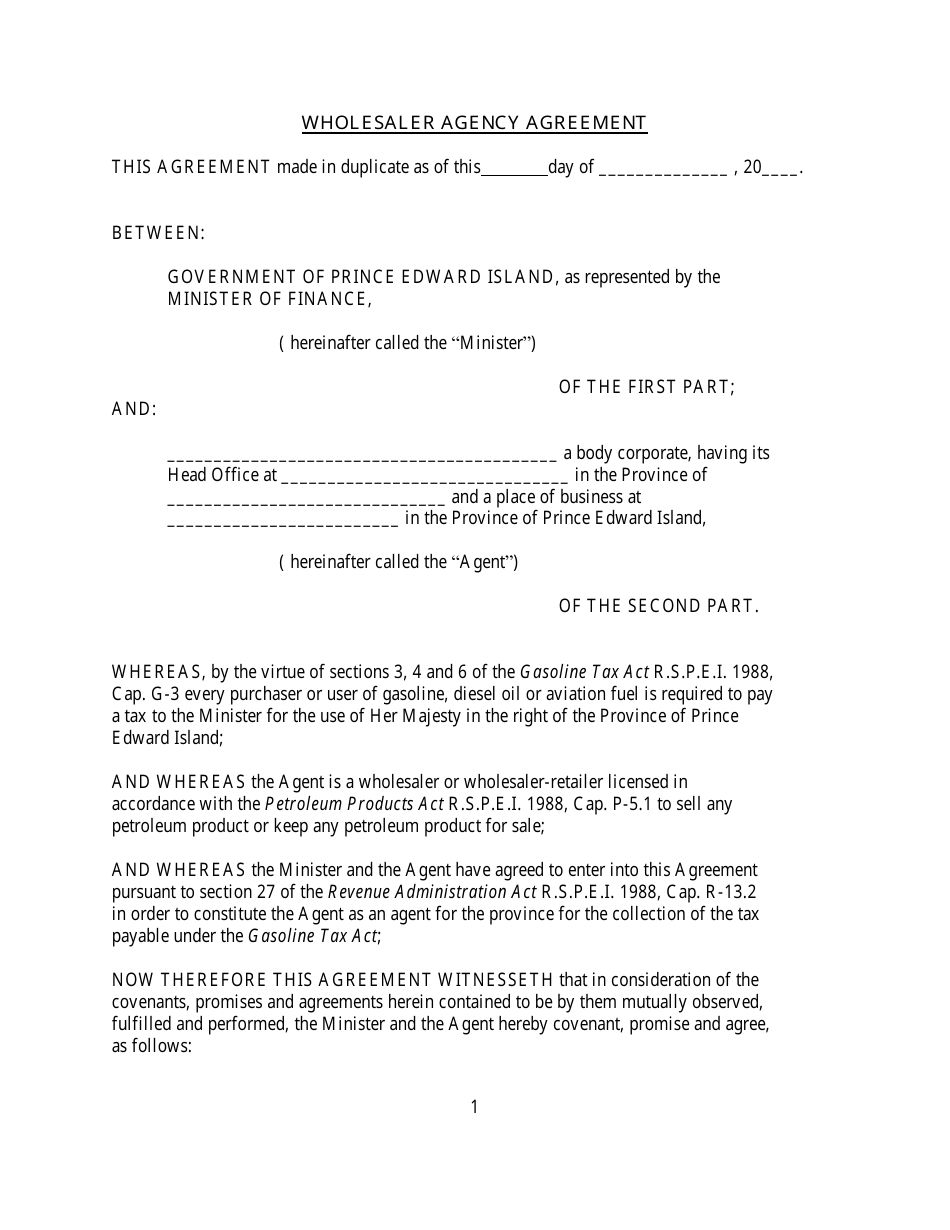 Wholesaler Agency Agreement - Prince Edward Island, Canada, Page 1