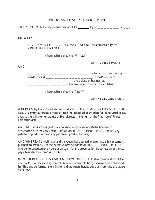 Wholesaler Agency Agreement - Prince Edward Island, Canada