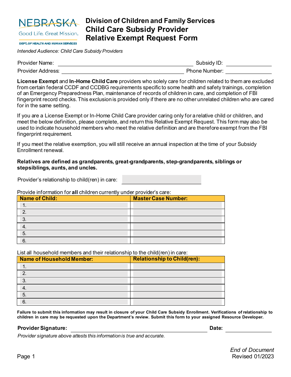 Relative Exempt Request Form - Nebraska, Page 1