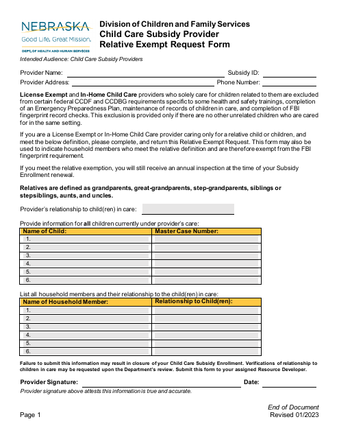 Relative Exempt Request Form - Nebraska Download Pdf