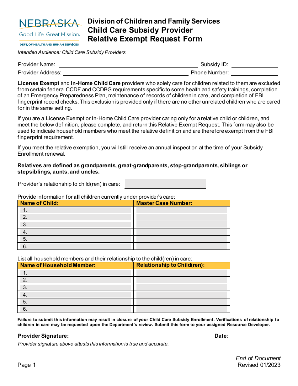 Nebraska Relative Exempt Request Form Fill Out, Sign Online and
