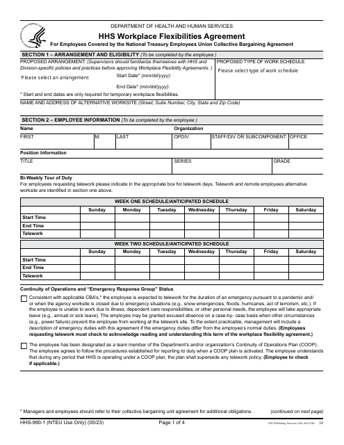 Form HHS-990-1 Hhs Workplace Flexibilities Agreement for Employees Covered by the National Treasury Employees Union Collective Bargaining Agreement