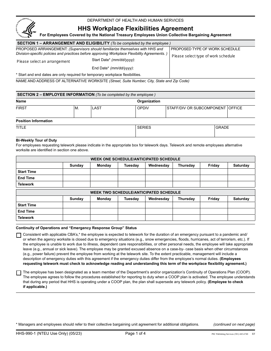 Form HHS-990-1 Hhs Workplace Flexibilities Agreement for Employees Covered by the National Treasury Employees Union Collective Bargaining Agreement, Page 1