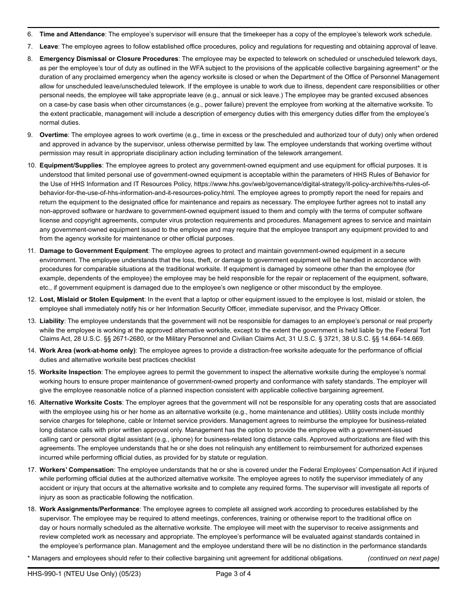 Form HHS-990-1 Hhs Workplace Flexibilities Agreement for Employees Covered by the National Treasury Employees Union Collective Bargaining Agreement, Page 3