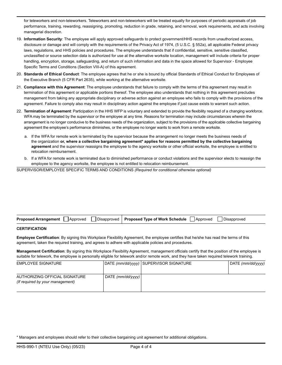 Form HHS-990-1 Hhs Workplace Flexibilities Agreement for Employees Covered by the National Treasury Employees Union Collective Bargaining Agreement, Page 4