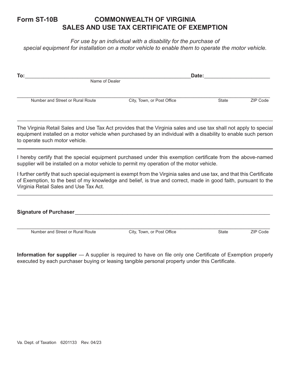 Form ST-10B Sales and Use Tax Certificate of Exemption - Virginia, Page 1