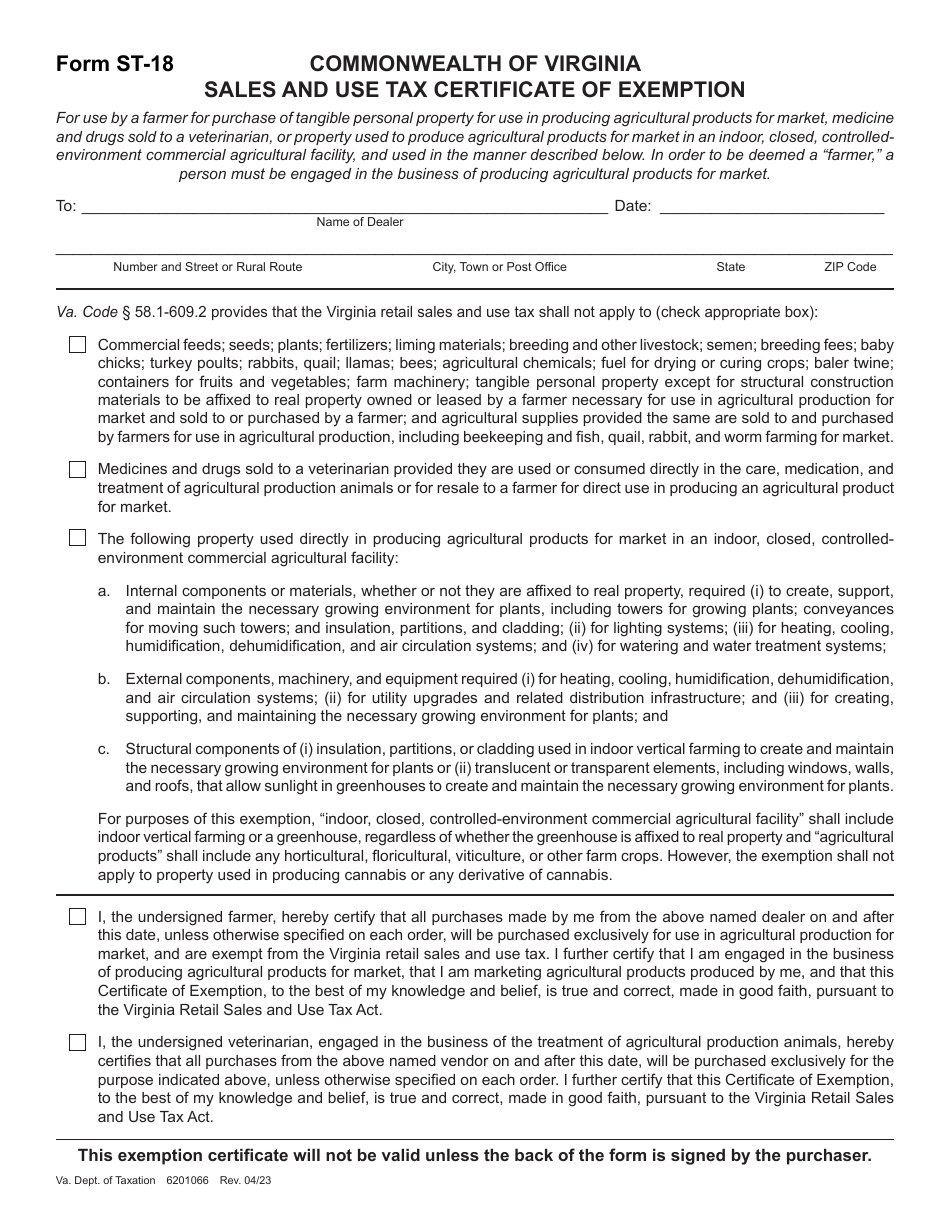 Form ST-18 Sales and Use Tax Certificate of Exemption - Virginia, Page 1
