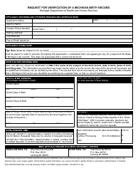 Document preview: Form DCH-0569-BX-VER Request for Verification of a Michigan Birth Record - Michigan