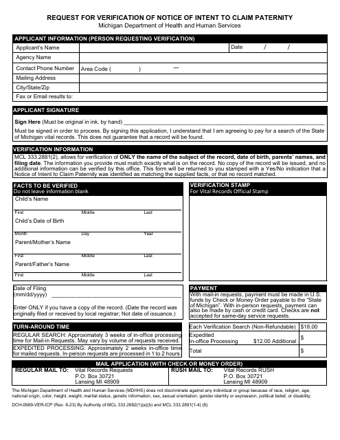 Form DCH-0569-VER-ICP Request for Verification of Notice of Intent to Claim Paternity - Michigan