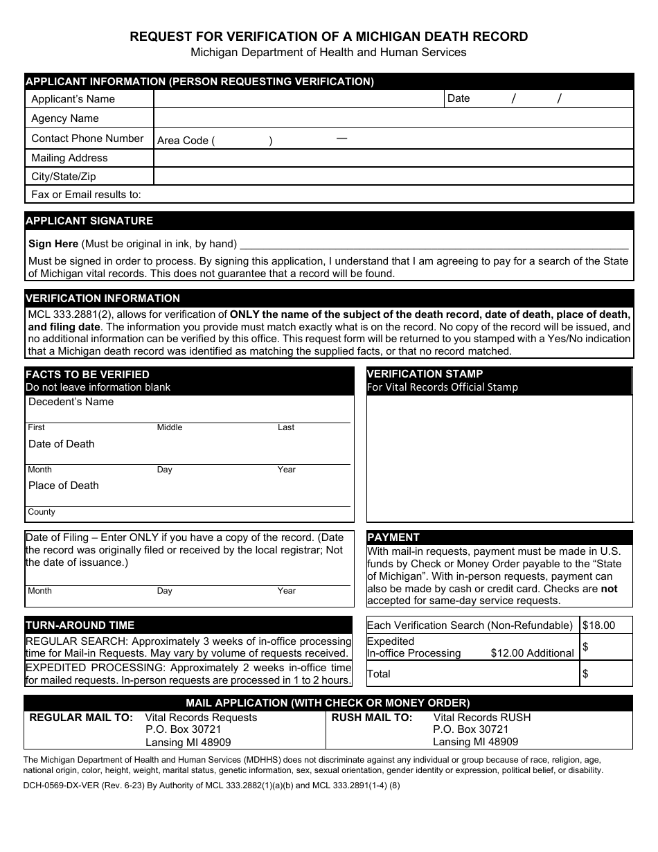 Form DCH-0569-DX-VER Request for Verification of a Michigan Death Record - Michigan, Page 1
