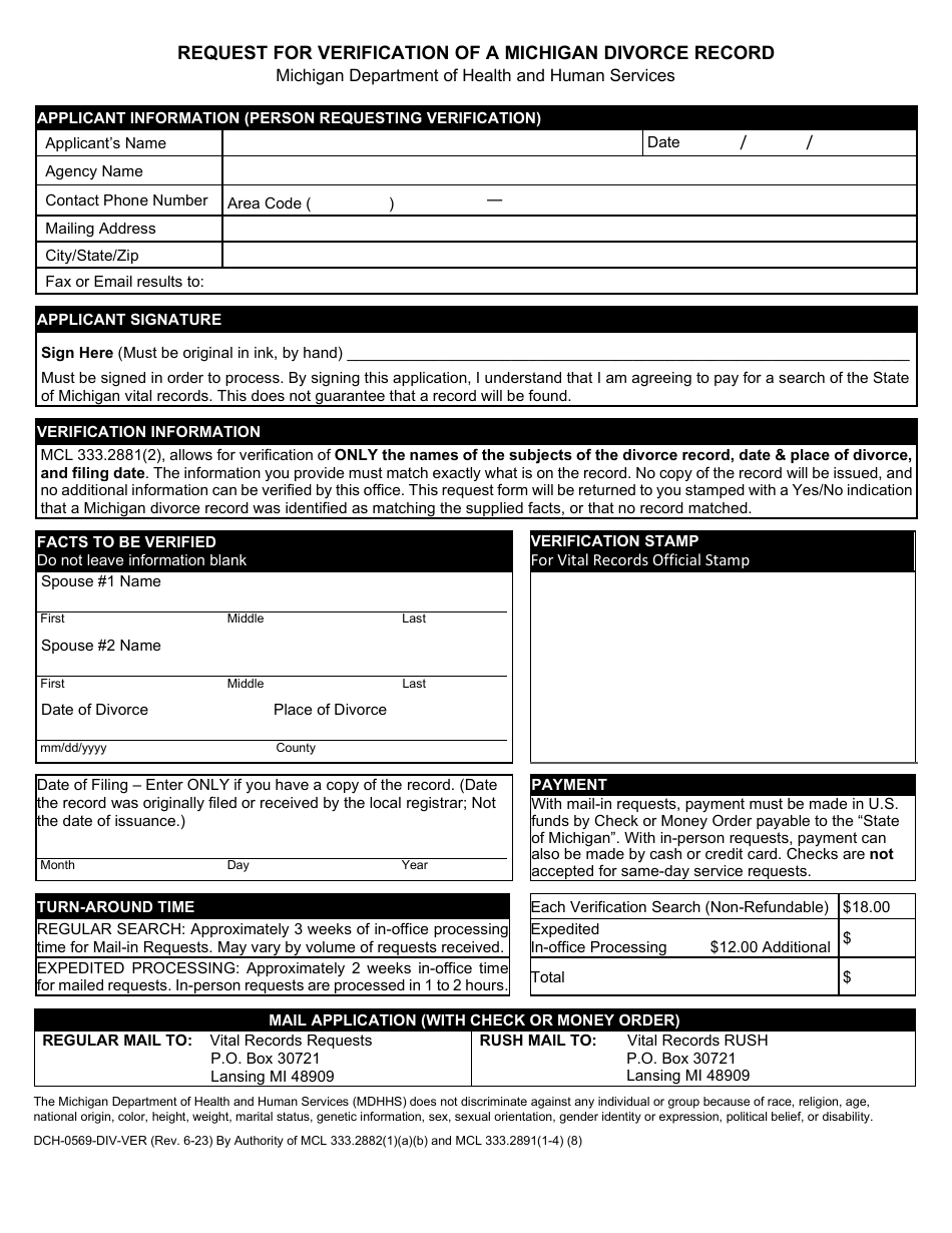 Form DCH-0569-DIV-VER Request for Verification of a Michigan Divorce Record - Michigan, Page 1