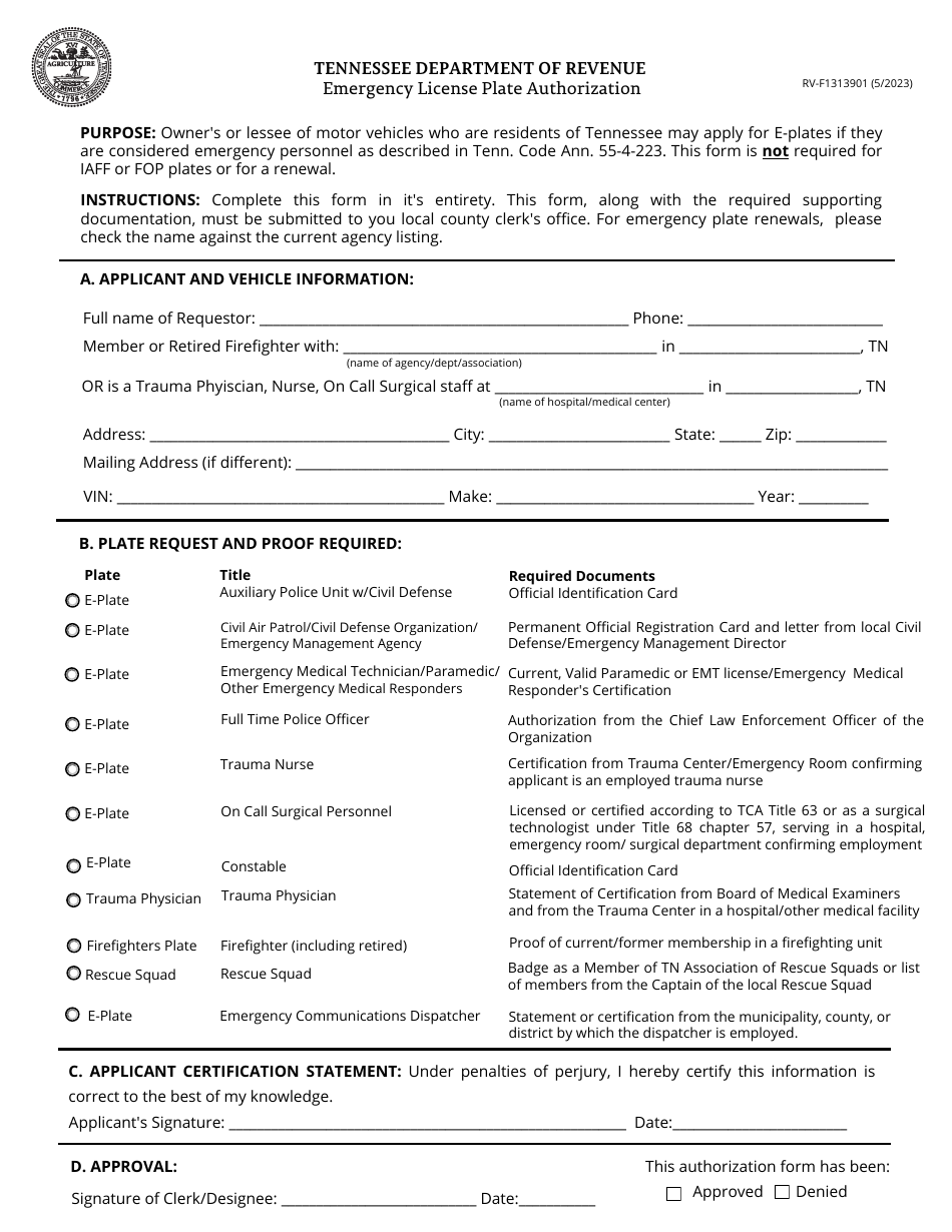 Form RV-F1313901 Emergency License Plate Authorization - Tennessee, Page 1