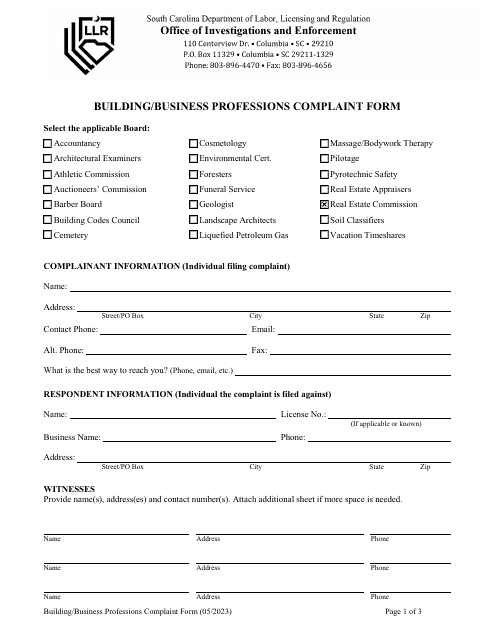 Building / Business Professions Complaint Form - South Carolina Download Pdf