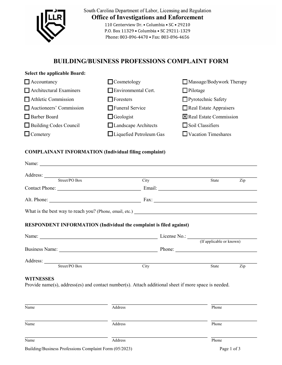 Building / Business Professions Complaint Form - South Carolina, Page 1