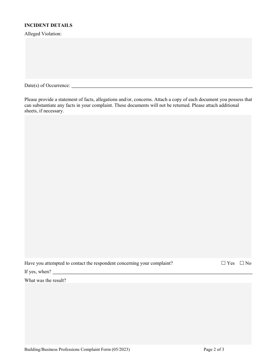 Building / Business Professions Complaint Form - South Carolina, Page 2
