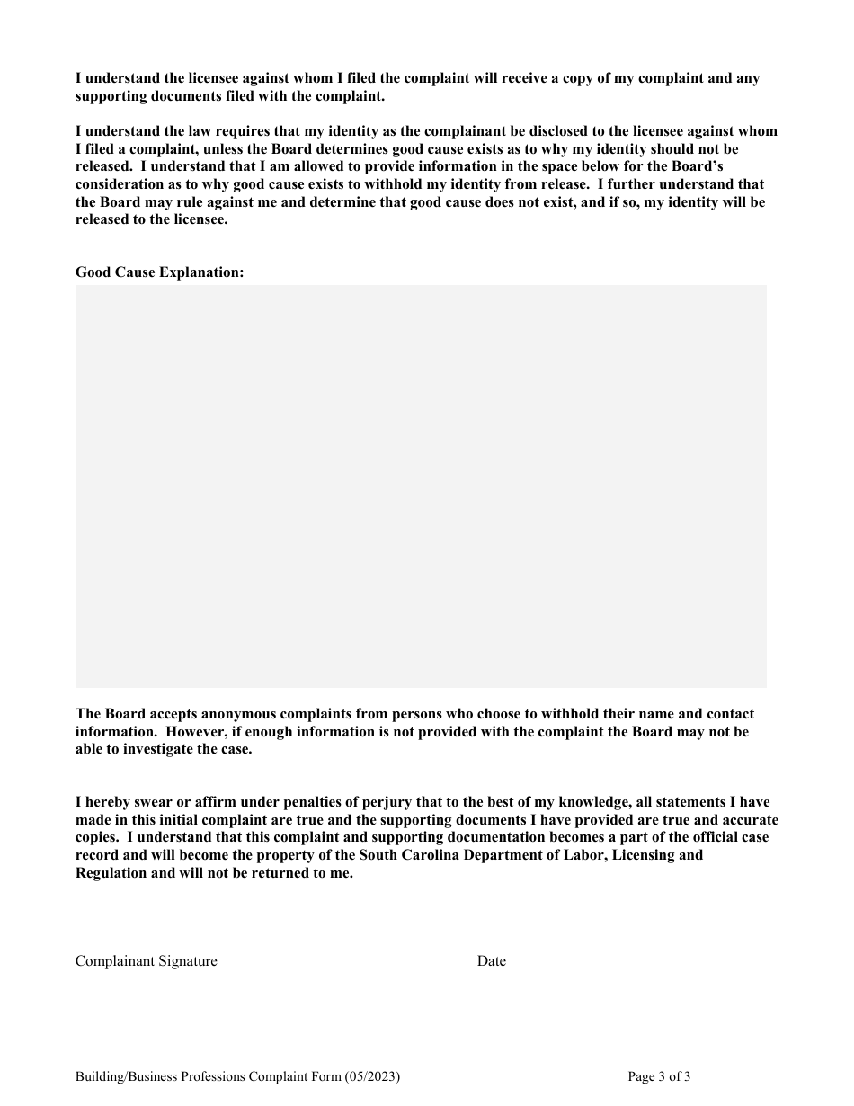 Building / Business Professions Complaint Form - South Carolina, Page 3