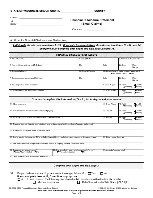 Form SC-506B Financial Disclosure Statement (Small Claims) - Wisconsin