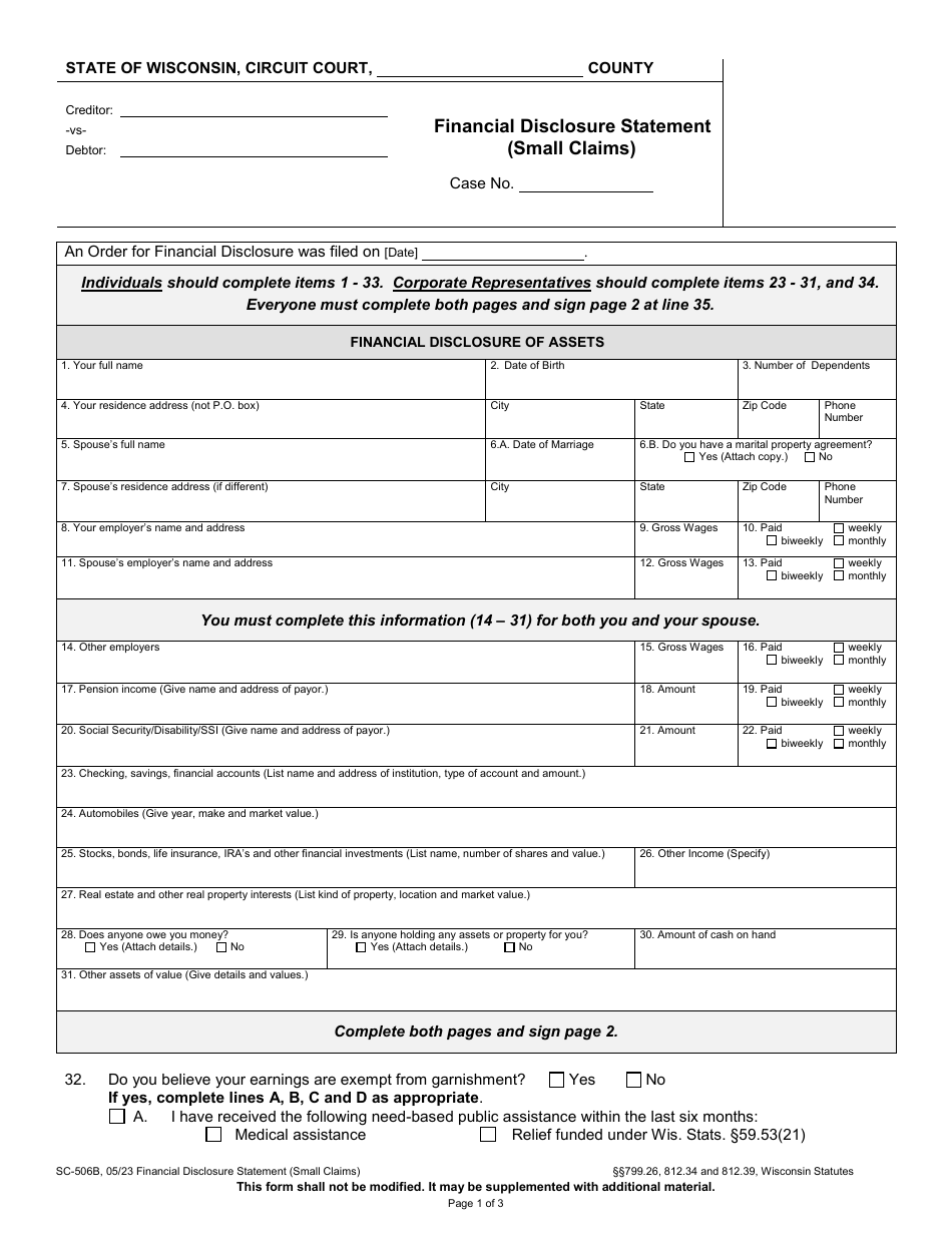 Form SC-506B Financial Disclosure Statement (Small Claims) - Wisconsin, Page 1