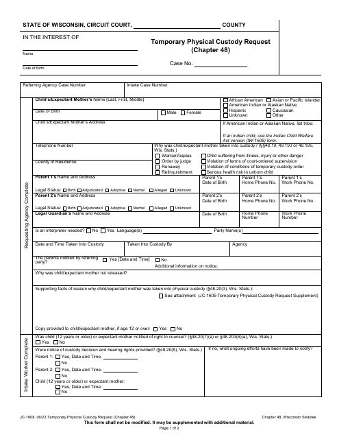 Form JC-1608 Temporary Physical Custody Request (Chapter 48) - Wisconsin