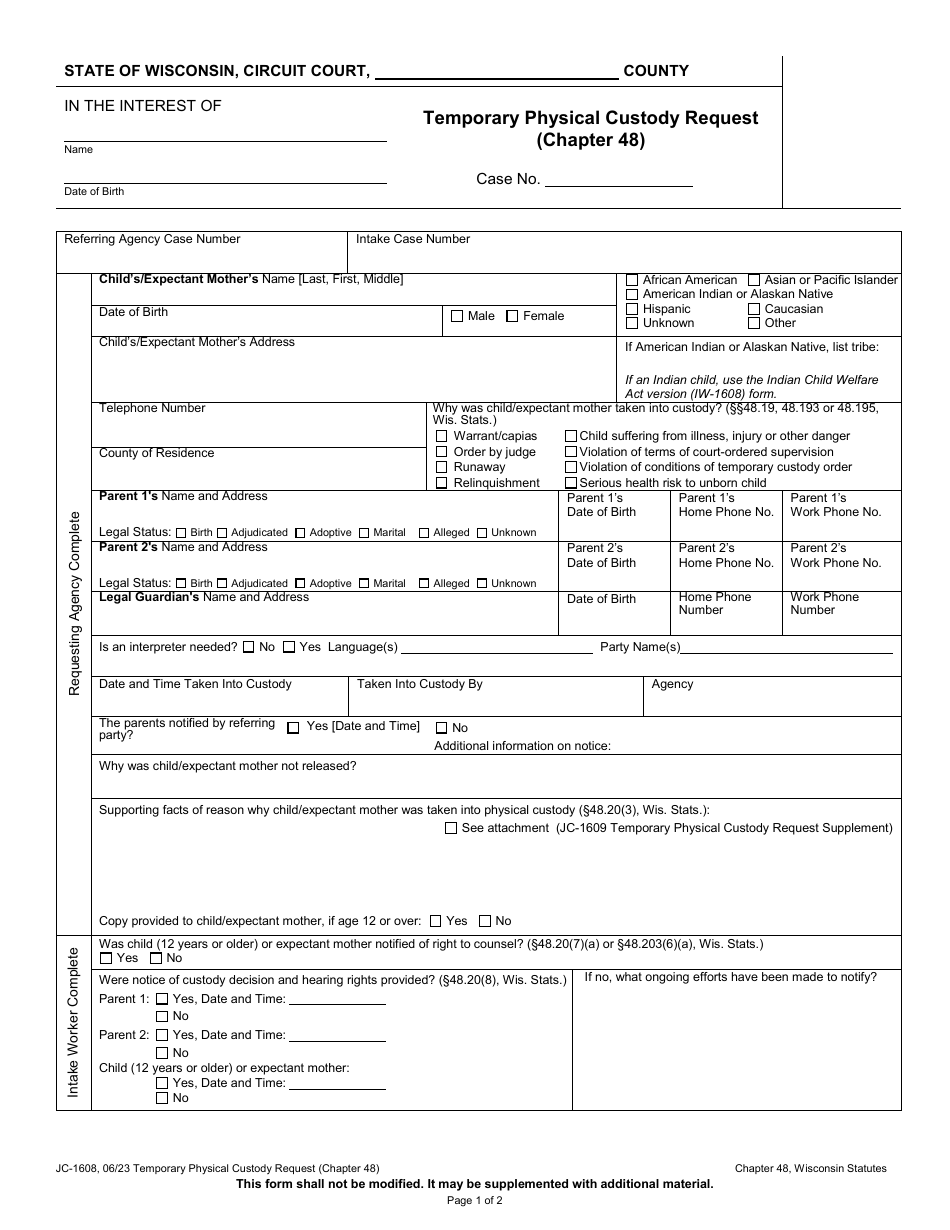 Form JC-1608 Temporary Physical Custody Request (Chapter 48) - Wisconsin, Page 1