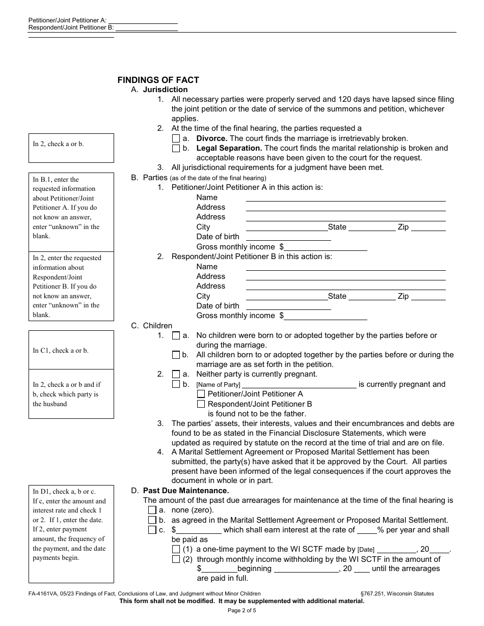 Form FA-4161VA Findings of Fact, Conclusions of Law, and Judgment Without Minor Children - Wisconsin, Page 2