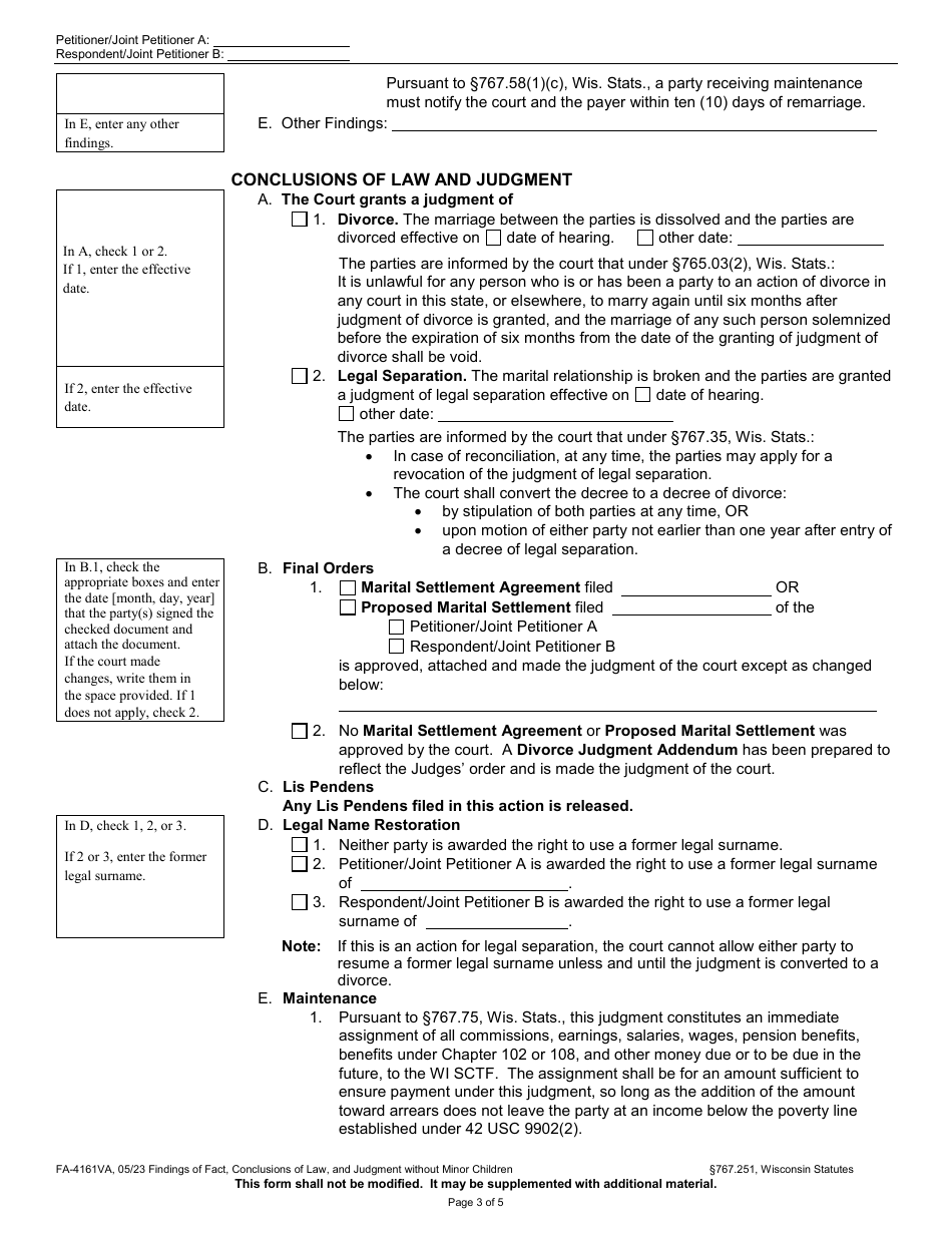 Form FA-4161VA Findings of Fact, Conclusions of Law, and Judgment Without Minor Children - Wisconsin, Page 3
