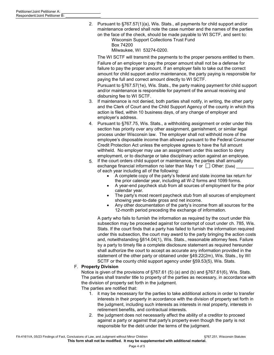 Form FA-4161VA Findings of Fact, Conclusions of Law, and Judgment Without Minor Children - Wisconsin, Page 4