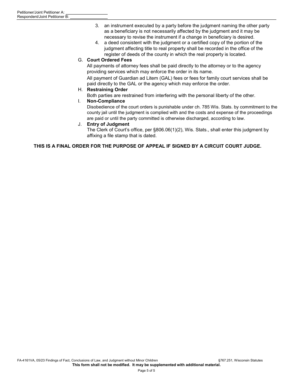 Form FA-4161VA Findings of Fact, Conclusions of Law, and Judgment Without Minor Children - Wisconsin, Page 5