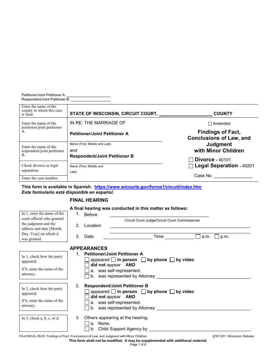 Form FA-4160VA Findings of Fact, Conclusions of Law, and Judgment With Minor Children - Wisconsin, Page 1