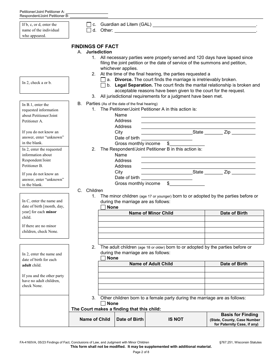 Form FA-4160VA Findings of Fact, Conclusions of Law, and Judgment With Minor Children - Wisconsin, Page 2