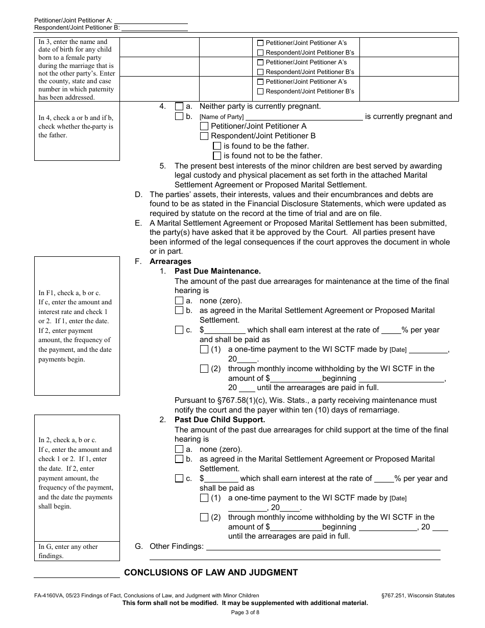Form FA-4160VA Findings of Fact, Conclusions of Law, and Judgment With Minor Children - Wisconsin, Page 3
