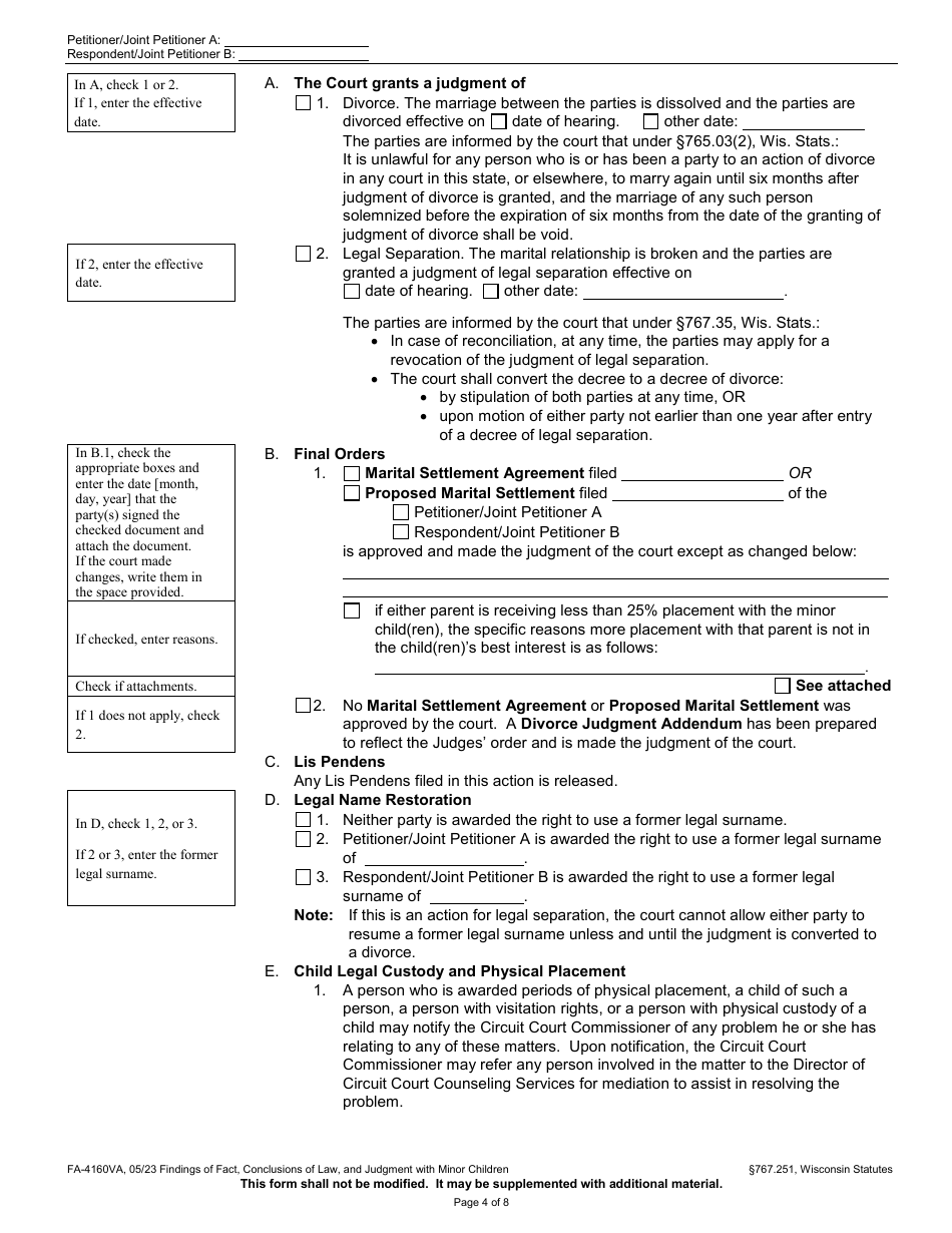 Form FA-4160VA Findings of Fact, Conclusions of Law, and Judgment With Minor Children - Wisconsin, Page 4