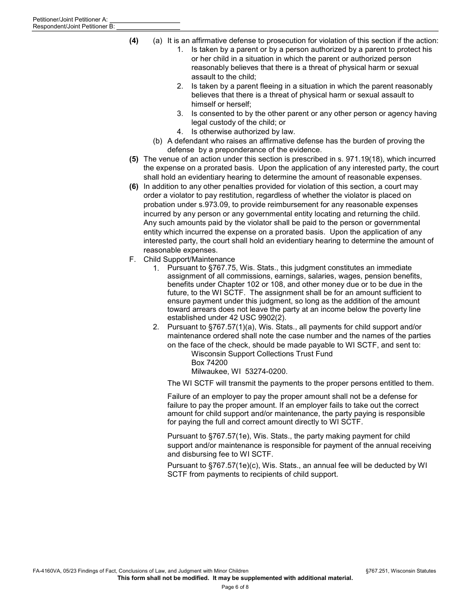 Form FA-4160VA Findings of Fact, Conclusions of Law, and Judgment With Minor Children - Wisconsin, Page 6