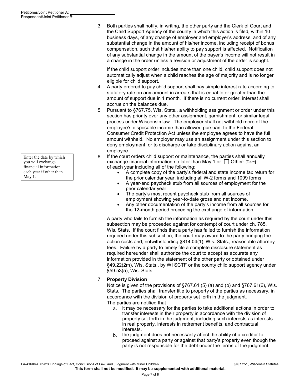 Form FA-4160VA Findings of Fact, Conclusions of Law, and Judgment With Minor Children - Wisconsin, Page 7